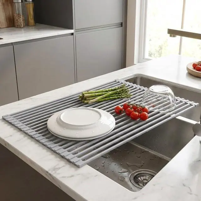 Main image of Roll Up Drying Rack for Kitchen Sink, Over-the-Sink Silicone Sink Drying Mat, Dish Drying Mat, Multi-Purpose Silicone Dish Rack, Heat Resistant Trivet ,17.5x13inch,gray7