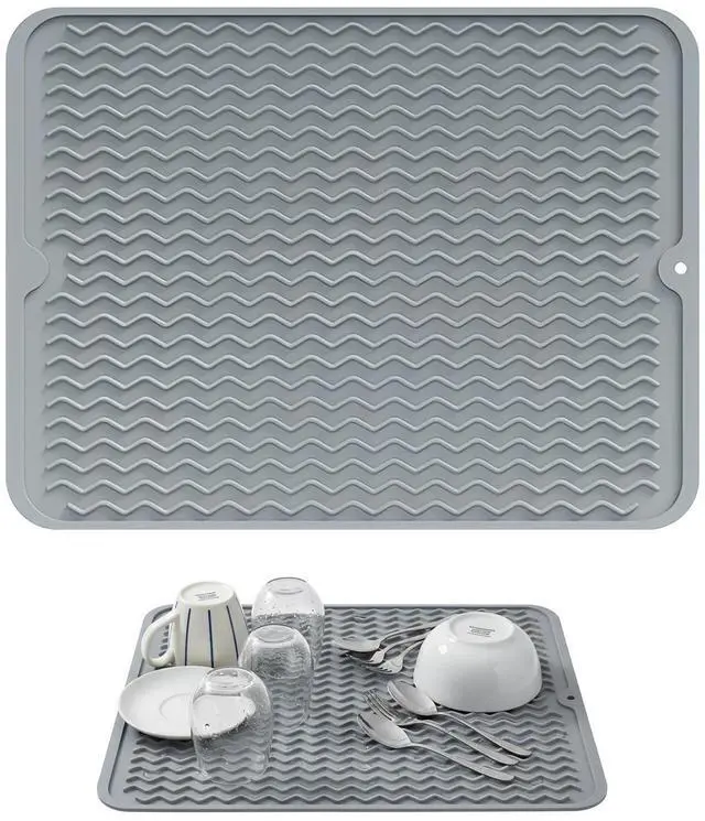 Main image of Silicone Dish Drying Mat for Multiple Usage,Easy clean,Eco-friendly,Heat-resistant Silicone Mat for Kitchen Counter or Sink,Refrigerator or drawer liner (Gray, 19.69")