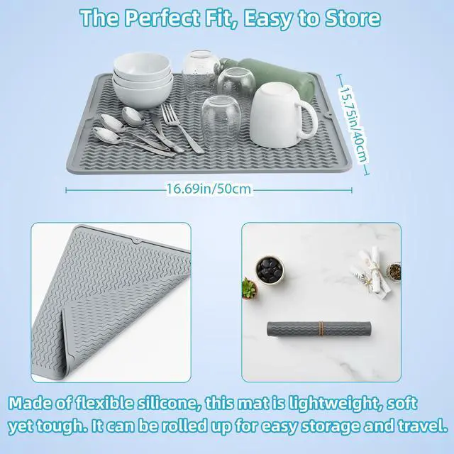 Alt view image 3 of 6 - Silicone Dish Drying Mat for Multiple Usage,Easy clean,Eco-friendly,Heat-resistant Silicone Mat for Kitchen Counter or Sink,Refrigerator or drawer liner (Gray, 19.69")