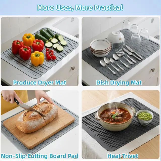 Alt view image 6 of 6 - Silicone Dish Drying Mat for Multiple Usage,Easy clean,Eco-friendly,Heat-resistant Silicone Mat for Kitchen Counter or Sink,Refrigerator or drawer liner (Gray, 19.69")