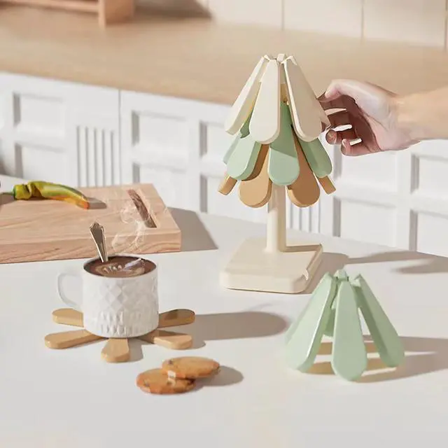 Alt view image 4 of 6 - Christmas Tree-Shape Trivet Set for Hot Dishes,3 PCS Silicone Heat Resistant Hot Pads + 1 Stand, Kitchen Countertop Hot Pot Holders, Non-Slip Pot Holders, Table Decorative Coaster for Dishes, Pans