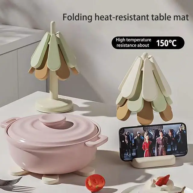 Alt view image 3 of 6 - Christmas Tree-Shape Trivet Set for Hot Dishes,3 PCS Silicone Heat Resistant Hot Pads + 1 Stand, Kitchen Countertop Hot Pot Holders, Non-Slip Pot Holders, Table Decorative Coaster for Dishes, Pans