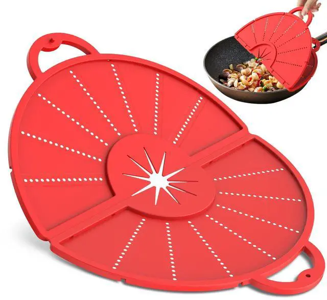 Main image of Silicone Splatter Screen for Frying Pan, Foldable Splash Guard, Multi-Use Grease Splatter Guard,Heat-Resistant Trivet Mat, 12" Non-Stick Oil Splatter Guard, Dishwasher Safe, BPA Free-red