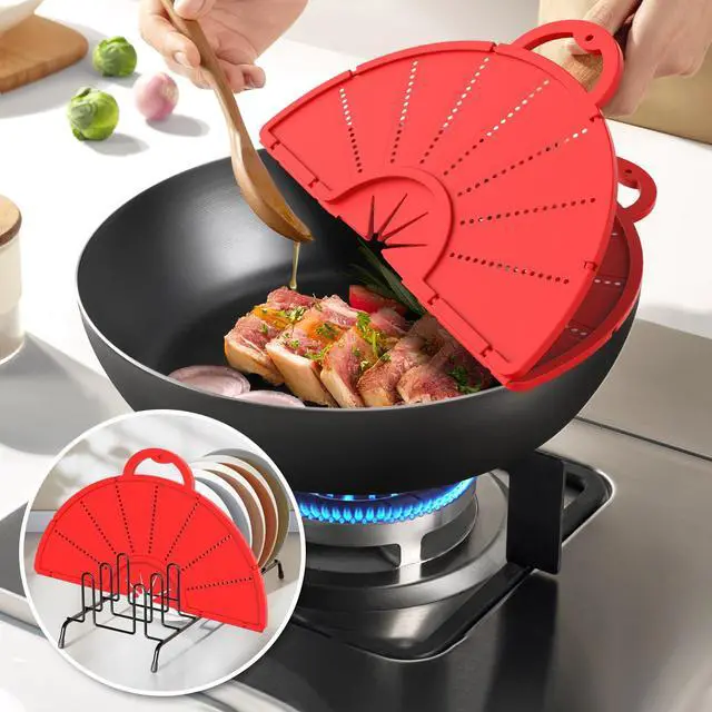 Alt view image 6 of 7 - Silicone Splatter Screen for Frying Pan, Foldable Splash Guard, Multi-Use Grease Splatter Guard,Heat-Resistant Trivet Mat, 12" Non-Stick Oil Splatter Guard, Dishwasher Safe, BPA Free-red