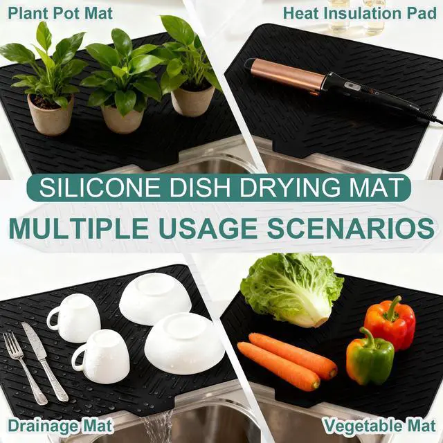 Alt view image 5 of 5 - Silicone Dish Drying Mat 23x17,Food-Grade Silicone,Easy Clean Pad for Countertop Protection,Heat Resistant,Easy Clean,Non-Slip Drain Pad with Built-in Drain,Multi-Functional Use,Black
