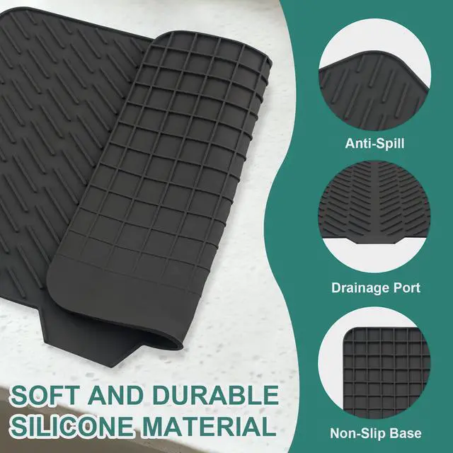 Alt view image 3 of 5 - Silicone Dish Drying Mat 23x17,Food-Grade Silicone,Easy Clean Pad for Countertop Protection,Heat Resistant,Easy Clean,Non-Slip Drain Pad with Built-in Drain,Multi-Functional Use,Black