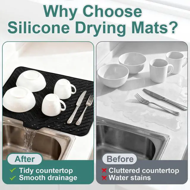 Alt view image 4 of 5 - Silicone Dish Drying Mat 23x17,Food-Grade Silicone,Easy Clean Pad for Countertop Protection,Heat Resistant,Easy Clean,Non-Slip Drain Pad with Built-in Drain,Multi-Functional Use,Black