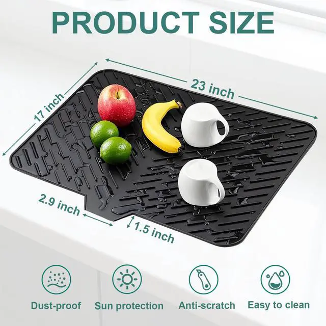 Alt view image 2 of 5 - Silicone Dish Drying Mat 23x17,Food-Grade Silicone,Easy Clean Pad for Countertop Protection,Heat Resistant,Easy Clean,Non-Slip Drain Pad with Built-in Drain,Multi-Functional Use,Black