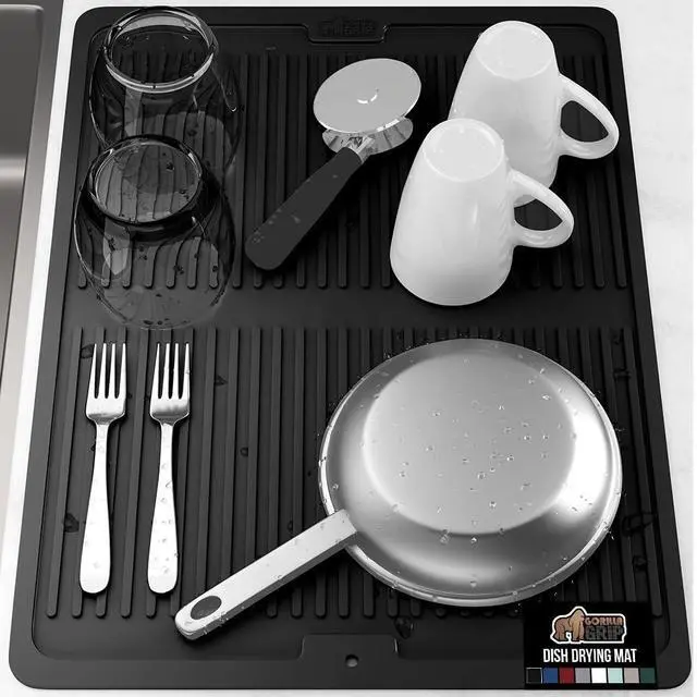 Main image of Free Patented Silicone Dish Drying Mat for Kitchen Counter, 18x24 Inch, Water Catching Ribbed Design, Easy Clean Waterproof Sink Liner, Heat Resistant, Fits Under Rack, Black