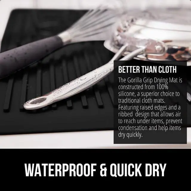 Alt view image 3 of 7 - Free Patented Silicone Dish Drying Mat for Kitchen Counter, 18x24 Inch, Water Catching Ribbed Design, Easy Clean Waterproof Sink Liner, Heat Resistant, Fits Under Rack, Black