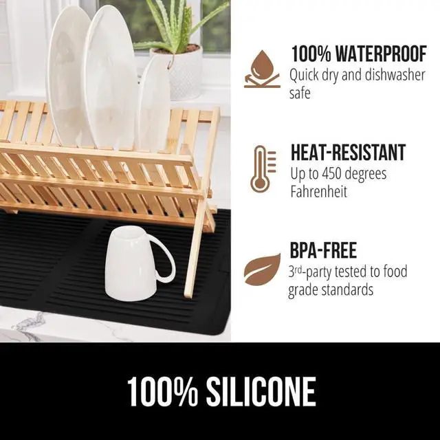 Alt view image 4 of 7 - Free Patented Silicone Dish Drying Mat for Kitchen Counter, 18x24 Inch, Water Catching Ribbed Design, Easy Clean Waterproof Sink Liner, Heat Resistant, Fits Under Rack, Black