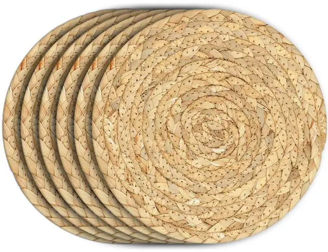 Main image of Boho Trivets for Hot Dishes, Pots and Pans, Farmhouse Water Hyacinth Hot Pads 8 Inch, Straw Pot Holders for Kitchen, Rustic Braided Heat Resistant Mat, Jute Coasters Set Wicker Decor (Natural 6 Pcs)