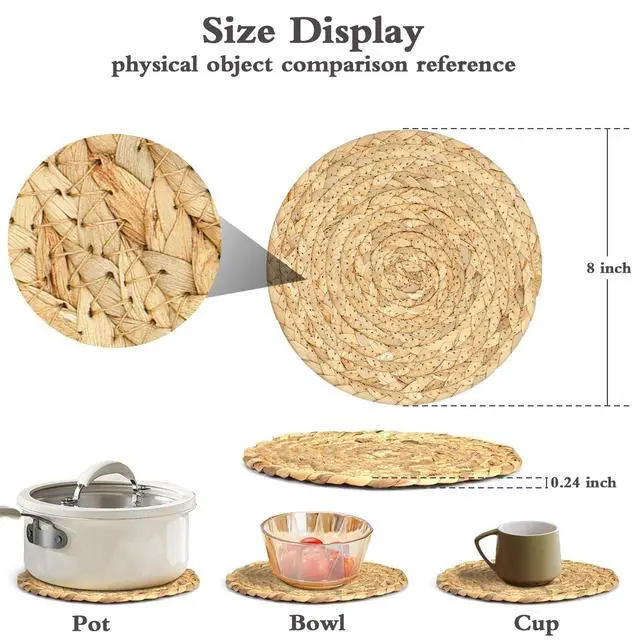Alt view image 2 of 6 - Boho Trivets for Hot Dishes, Pots and Pans, Farmhouse Water Hyacinth Hot Pads 8 Inch, Straw Pot Holders for Kitchen, Rustic Braided Heat Resistant Mat, Jute Coasters Set Wicker Decor (Natural 6 Pcs)