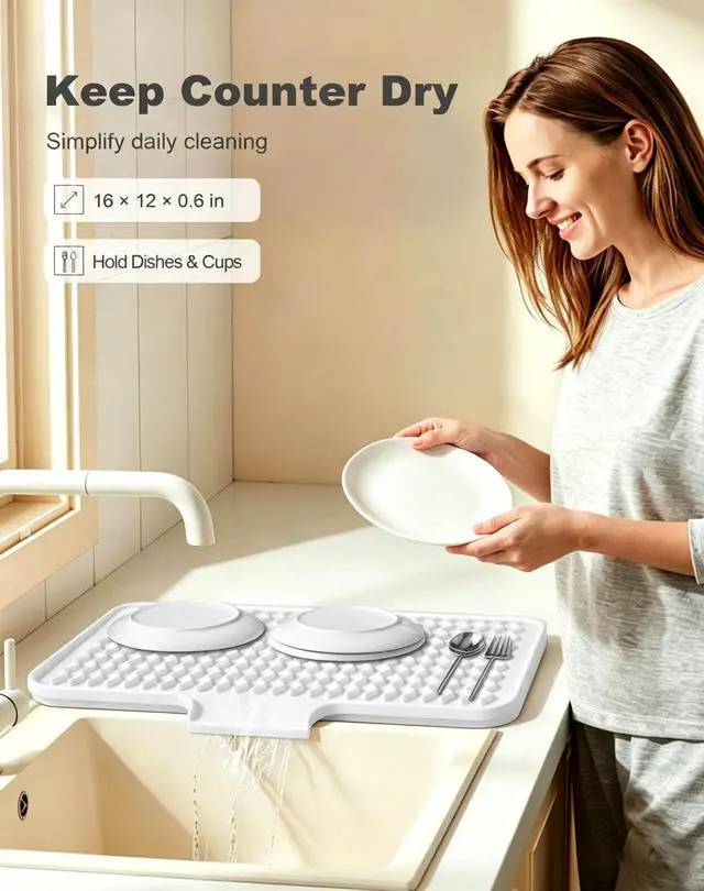 Alt view image 2 of 7 - Silicone Dish Drying Mat for Kitchen Counter, 16 x 12" Drainer Pad with Drainage Spout, Heat Resistant Trivet Non-Slip Dish Rack Mats for Countertop Protection, Kitchen Bar Decor Pad, White