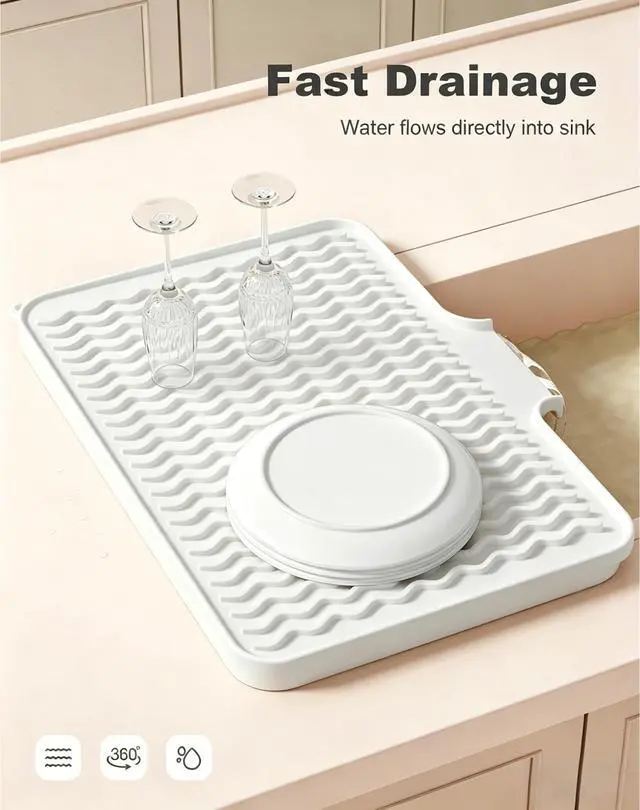Alt view image 3 of 7 - Silicone Dish Drying Mat for Kitchen Counter, 16 x 12" Drainer Pad with Drainage Spout, Heat Resistant Trivet Non-Slip Dish Rack Mats for Countertop Protection, Kitchen Bar Decor Pad, White