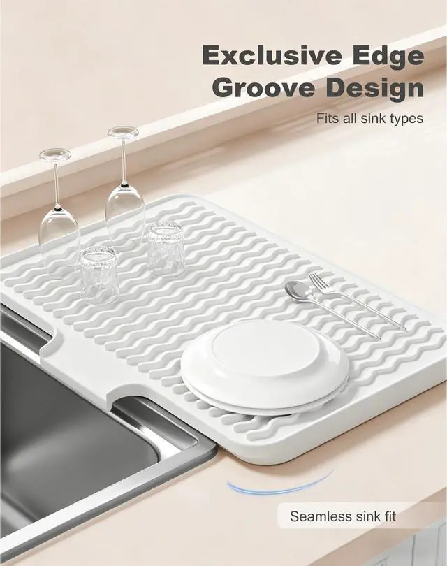 Alt view image 4 of 7 - Silicone Dish Drying Mat for Kitchen Counter, 16 x 12" Drainer Pad with Drainage Spout, Heat Resistant Trivet Non-Slip Dish Rack Mats for Countertop Protection, Kitchen Bar Decor Pad, White