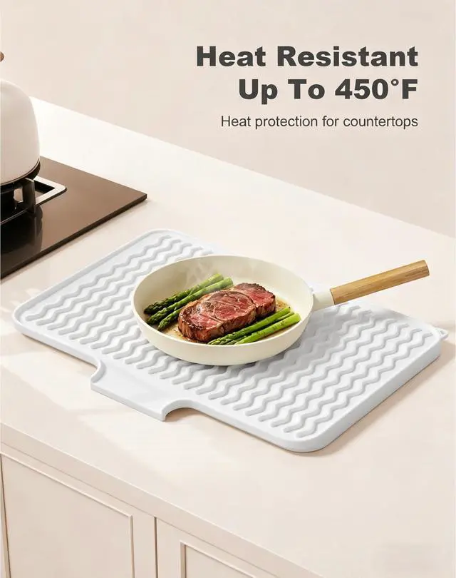 Alt view image 6 of 7 - Silicone Dish Drying Mat for Kitchen Counter, 16 x 12" Drainer Pad with Drainage Spout, Heat Resistant Trivet Non-Slip Dish Rack Mats for Countertop Protection, Kitchen Bar Decor Pad, White