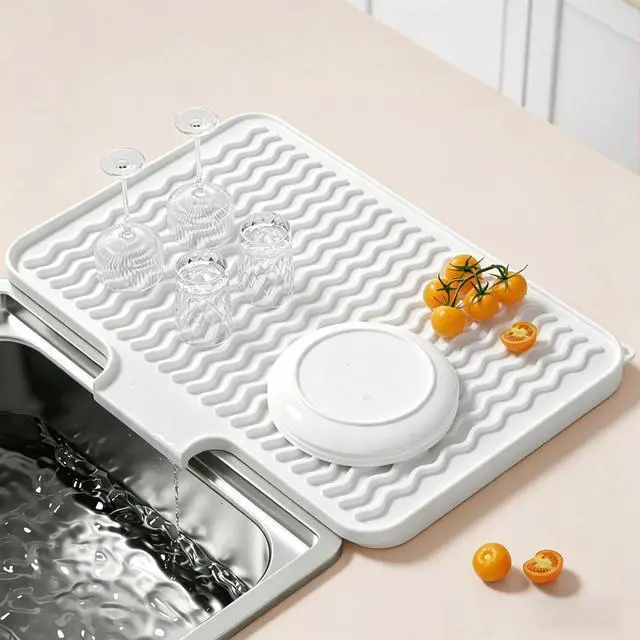 Main image of Silicone Dish Drying Mat for Kitchen Counter, 16 x 12" Drainer Pad with Drainage Spout, Heat Resistant Trivet Non-Slip Dish Rack Mats for Countertop Protection, Kitchen Bar Decor Pad, White