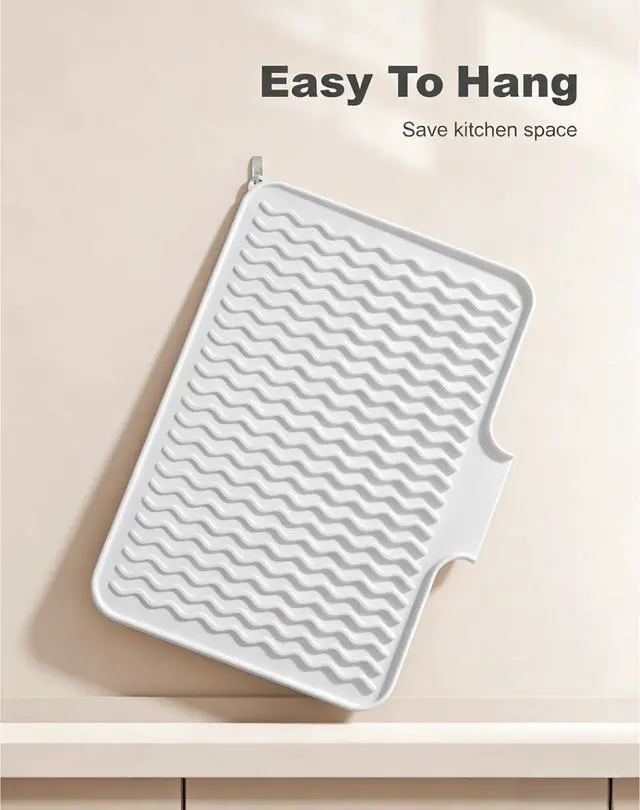 Alt view image 7 of 7 - Silicone Dish Drying Mat for Kitchen Counter, 16 x 12" Drainer Pad with Drainage Spout, Heat Resistant Trivet Non-Slip Dish Rack Mats for Countertop Protection, Kitchen Bar Decor Pad, White