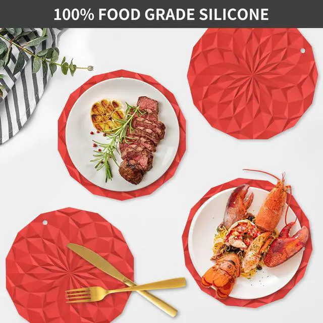 Alt view image 2 of 7 - Silicone Trivet Mats - 4 Pack Pot Holders - 7.4'' Thickened Hot Pads for Hot pots, Pans and Dishes, Heat Resistant Silicone Trivet for Table and Counter Top Red