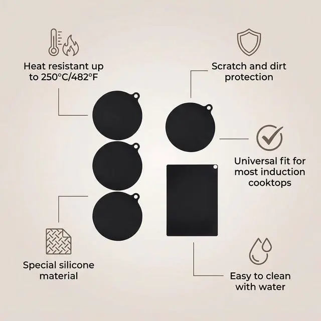 Alt view image 3 of 7 - 5-Piece Heat-Resistant Silicone Fiberglass Induction Cooktop Mat Set, Non-Slip Stove Protector Cover for Kitchen Countertops, Round & Rectangular (Black, 0.7mm Thick)