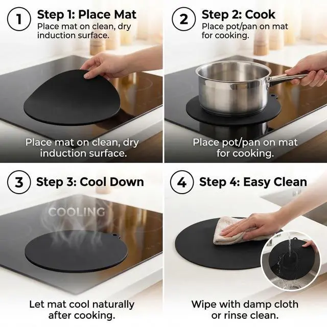Alt view image 4 of 7 - 5-Piece Heat-Resistant Silicone Fiberglass Induction Cooktop Mat Set, Non-Slip Stove Protector Cover for Kitchen Countertops, Round & Rectangular (Black, 0.7mm Thick)