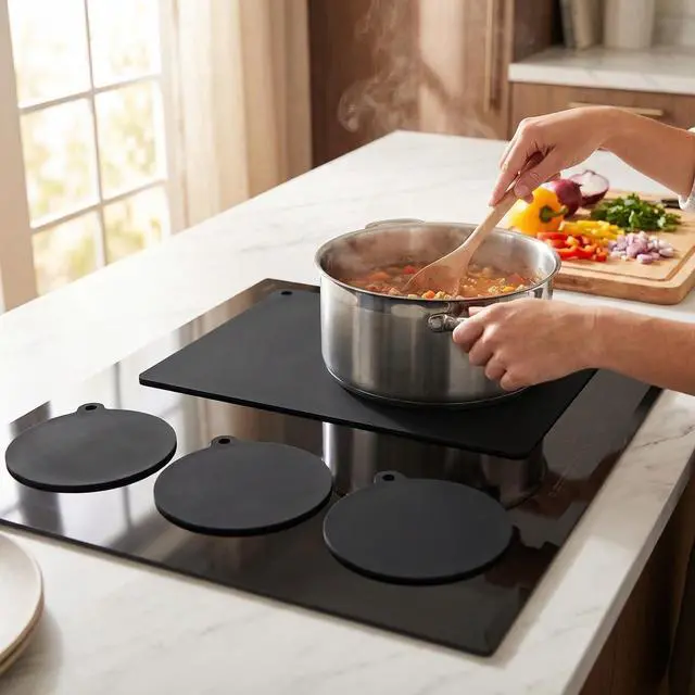 Alt view image 6 of 7 - 5-Piece Heat-Resistant Silicone Fiberglass Induction Cooktop Mat Set, Non-Slip Stove Protector Cover for Kitchen Countertops, Round & Rectangular (Black, 0.7mm Thick)