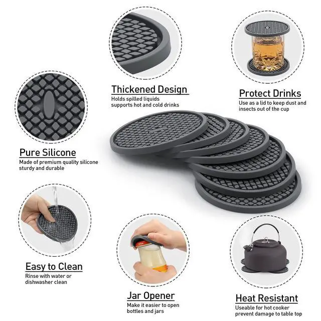 Alt view image 6 of 7 - 3 Pack Silicone Coasters for Drinks, Thickened Coaster with Deep Tray Grooved Design Cup Mat, Washable Heat Resistant Durable Non-Slip Coasters for Coffee Table Wooden Desk Kitchen Bar (Dark Grey)