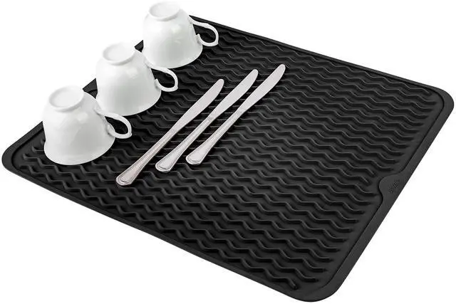 Main image of Silicone Dish Drying Mat - Drain Hole, Non-Slip, Heat Resistant, Foldable. Great for Dishes, Kitchen Sink, Counter Top, Fridge Drawer Liner or Trivet for Hot Pots. (16" X 20" | Black)