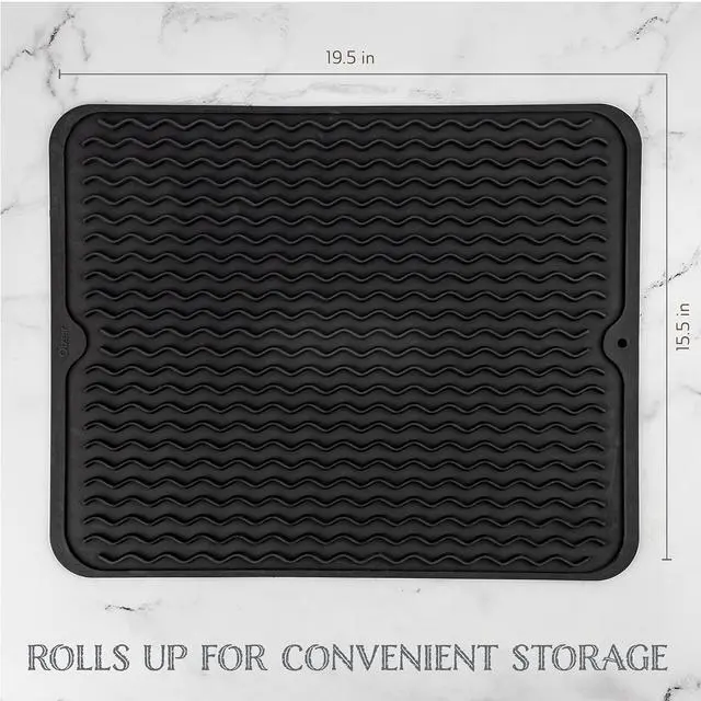 Alt view image 2 of 6 - Silicone Dish Drying Mat - Drain Hole, Non-Slip, Heat Resistant, Foldable. Great for Dishes, Kitchen Sink, Counter Top, Fridge Drawer Liner or Trivet for Hot Pots. (16" X 20" | Black)