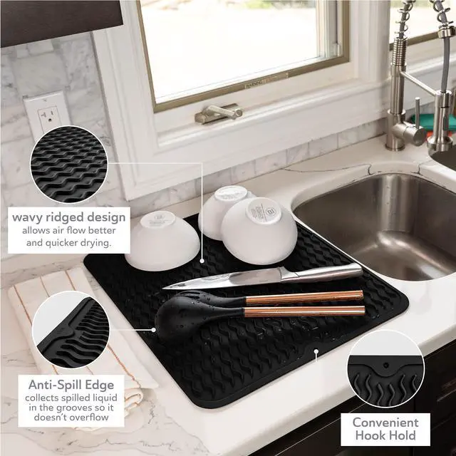 Alt view image 5 of 6 - Silicone Dish Drying Mat - Drain Hole, Non-Slip, Heat Resistant, Foldable. Great for Dishes, Kitchen Sink, Counter Top, Fridge Drawer Liner or Trivet for Hot Pots. (16" X 20" | Black)