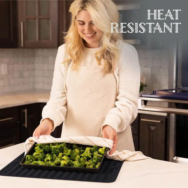 Alt view image 6 of 6 - Silicone Dish Drying Mat - Drain Hole, Non-Slip, Heat Resistant, Foldable. Great for Dishes, Kitchen Sink, Counter Top, Fridge Drawer Liner or Trivet for Hot Pots. (16" X 20" | Black)