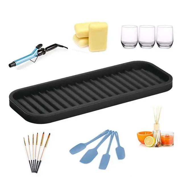 Alt view image 3 of 7 - Silicone Heat Resistant Mat for Curling Iron, Heat Pad for Hot Hair Tools, Kitchen Sink Organizer Tray and Sponge Holder for Bathroom Counter, Groove Coasters for Drinks (Black)