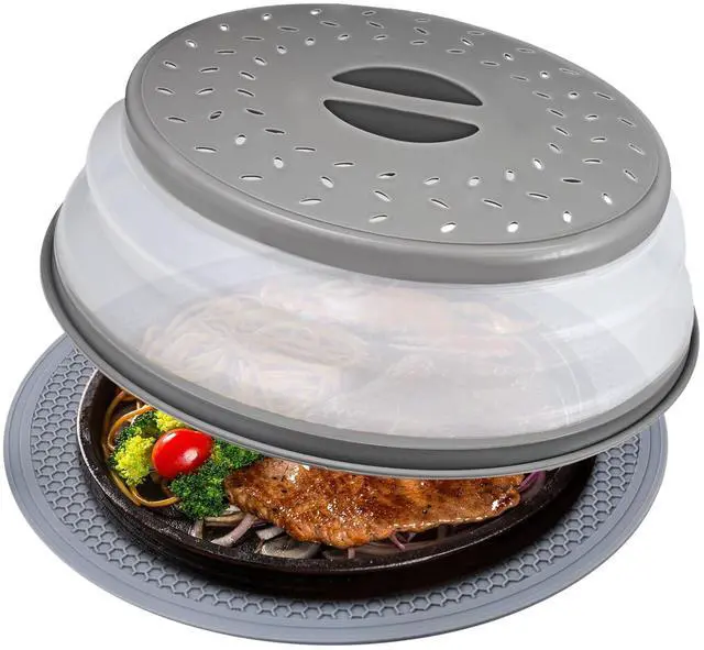 Main image of Microwave Cover for Food and Silicone Mat Collapsible Microwave Splatter Cover, Microwave Plate & Dish Cover with Easy Grip Handle, BPA-Free, 10.5 Cover&12.2 Mat, Dishwasher Safe (Grey)