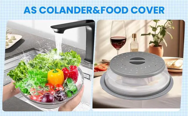 Alt view image 2 of 6 - Microwave Cover for Food and Silicone Mat Collapsible Microwave Splatter Cover, Microwave Plate & Dish Cover with Easy Grip Handle, BPA-Free, 10.5 Cover&12.2 Mat, Dishwasher Safe (Grey)