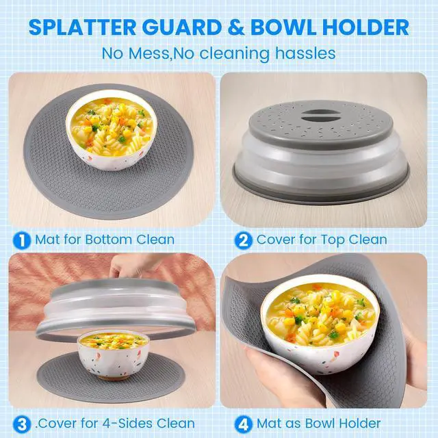 Alt view image 4 of 6 - Microwave Cover for Food and Silicone Mat Collapsible Microwave Splatter Cover, Microwave Plate & Dish Cover with Easy Grip Handle, BPA-Free, 10.5 Cover&12.2 Mat, Dishwasher Safe (Grey)