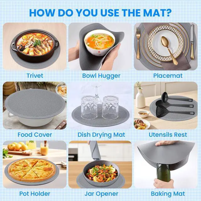 Alt view image 3 of 6 - Microwave Cover for Food and Silicone Mat Collapsible Microwave Splatter Cover, Microwave Plate & Dish Cover with Easy Grip Handle, BPA-Free, 10.5 Cover&12.2 Mat, Dishwasher Safe (Grey)