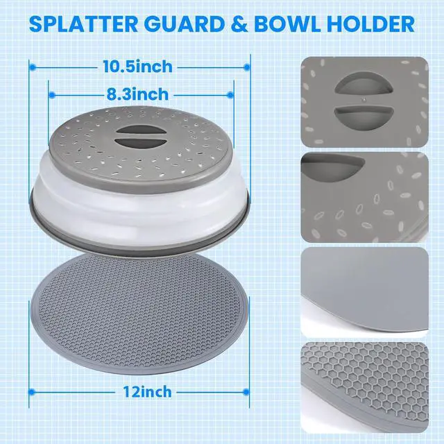 Alt view image 6 of 6 - Microwave Cover for Food and Silicone Mat Collapsible Microwave Splatter Cover, Microwave Plate & Dish Cover with Easy Grip Handle, BPA-Free, 10.5 Cover&12.2 Mat, Dishwasher Safe (Grey)