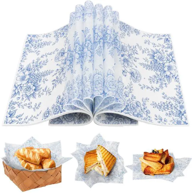 Main image of Blue Floral Wax Paper Sheets for Food,Chinoiserie Flower Greaseproof Wrapping Tissue Deli Parchment Baking Paper for Cookies Picnic Sandwich Liners Kicthen Supplies(8.66 x 9.84 Inch)