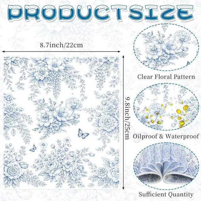 Alt view image 2 of 7 - Blue Floral Wax Paper Sheets for Food,Chinoiserie Flower Greaseproof Wrapping Tissue Deli Parchment Baking Paper for Cookies Picnic Sandwich Liners Kicthen Supplies(8.66 x 9.84 Inch)