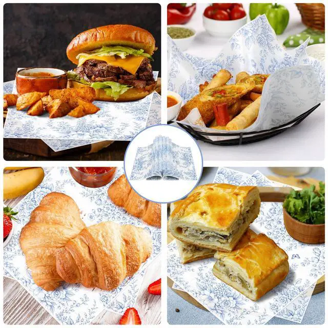 Alt view image 6 of 7 - Blue Floral Wax Paper Sheets for Food,Chinoiserie Flower Greaseproof Wrapping Tissue Deli Parchment Baking Paper for Cookies Picnic Sandwich Liners Kicthen Supplies(8.66 x 9.84 Inch)