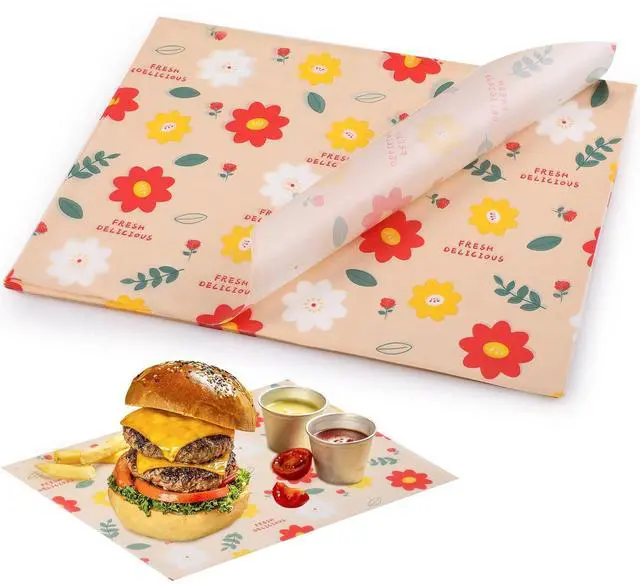 Main image of Waxed Deli Paper Sheets for Food 11 * 15 Inch, 100 Pcs Food Basket Liners for French Fries, 2026 Burgers, Dry Sandwich Wrap Paper Sheets Floral