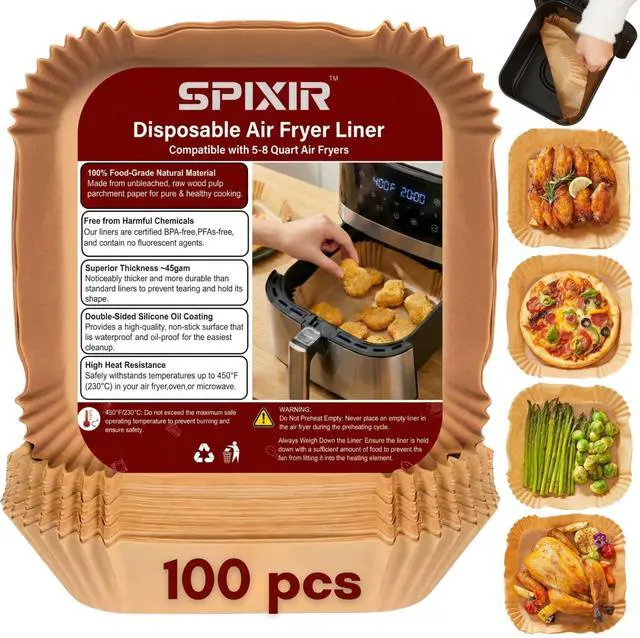 Main image of Air Fryer Paper Liners, 100Pcs Air Fryer Liners Disposable 8" Square Heavy-Duty Parchment Paper for Air Fryer Basket 5-8 Qt. Non-Stick, Oil Proof, Unbleached Baking Liners for Oven & Microwave
