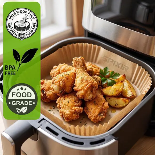 Alt view image 4 of 7 - Air Fryer Paper Liners, 100Pcs Air Fryer Liners Disposable 8" Square Heavy-Duty Parchment Paper for Air Fryer Basket 5-8 Qt. Non-Stick, Oil Proof, Unbleached Baking Liners for Oven & Microwave
