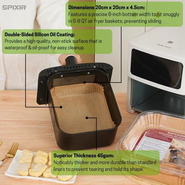 Alt view image 5 of 7 - Air Fryer Paper Liners, 100Pcs Air Fryer Liners Disposable 8" Square Heavy-Duty Parchment Paper for Air Fryer Basket 5-8 Qt. Non-Stick, Oil Proof, Unbleached Baking Liners for Oven & Microwave