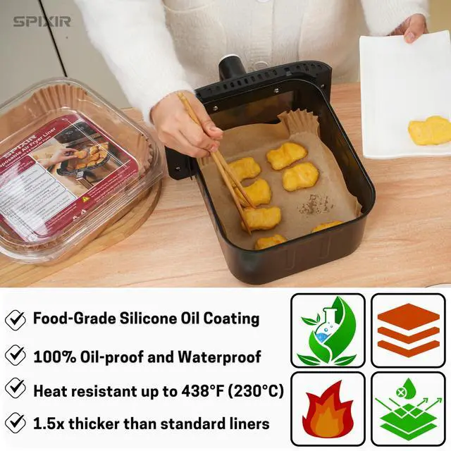 Alt view image 7 of 7 - Air Fryer Paper Liners, 100Pcs Air Fryer Liners Disposable 8" Square Heavy-Duty Parchment Paper for Air Fryer Basket 5-8 Qt. Non-Stick, Oil Proof, Unbleached Baking Liners for Oven & Microwave