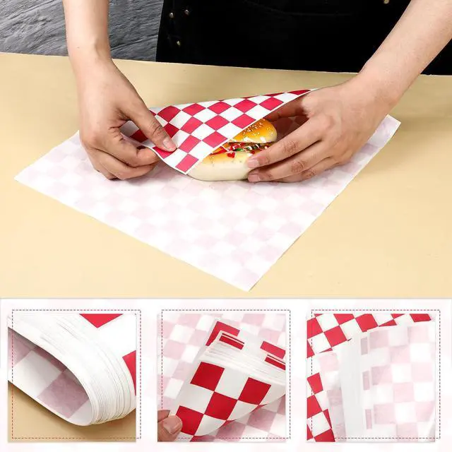 Alt view image 5 of 7 - 1000 Sheets Checkered Deli Paper Sheets, 12 x 12 Inch Grease Resistant Food Basket Liners Sandwich Paper Wraps for Restaurants Churches BBQs Picnic Party (Red And White)
