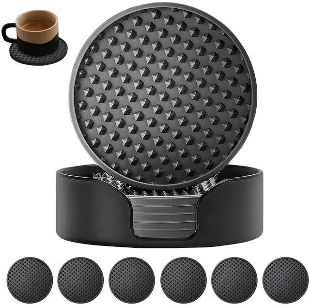 Main image of Silicone Coasters 6 Pack with Holder, Non-Slip Non-Stick Heat Resistant Cup Mat, Washable for Home Office Bar (Black)