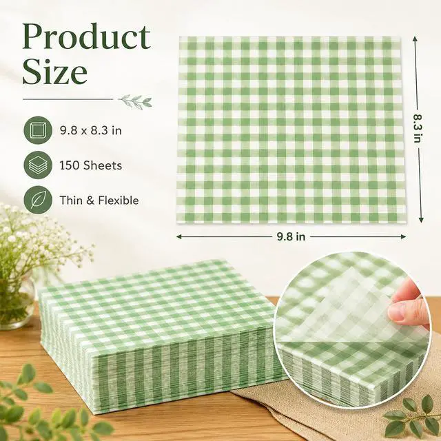 Alt view image 2 of 7 - 150 Sheets Sage Green Plaid Wax Paper for Food Deli, 9.8 x 8.3'' Gingham Plaids Greaseproof Wrapping Paper for Birthday Sandwich Picnic Basket Liner Wedding Party Supplies (Sage Green)