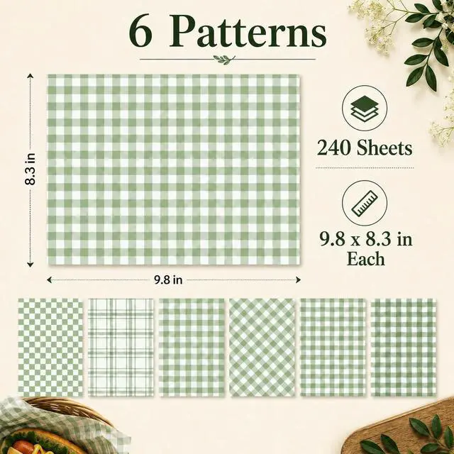 Alt view image 2 of 7 - 240 Sheets Sage Green Buffalo Plaids Wax Paper for Food Deli, 9.8 x 8.3'' Greenery Lattice Checkered Sandwich Wrapping Paper for Birthday Picnic Liner Wedding Party Supplies